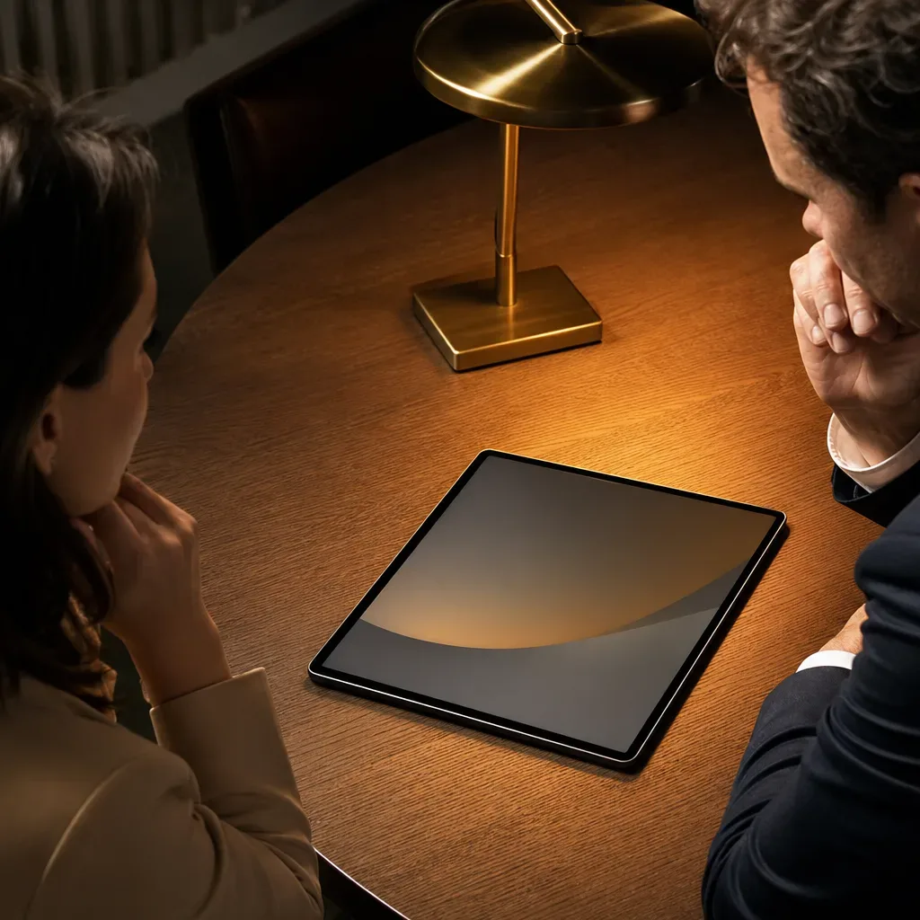 A tablet lying flat on a meeting table