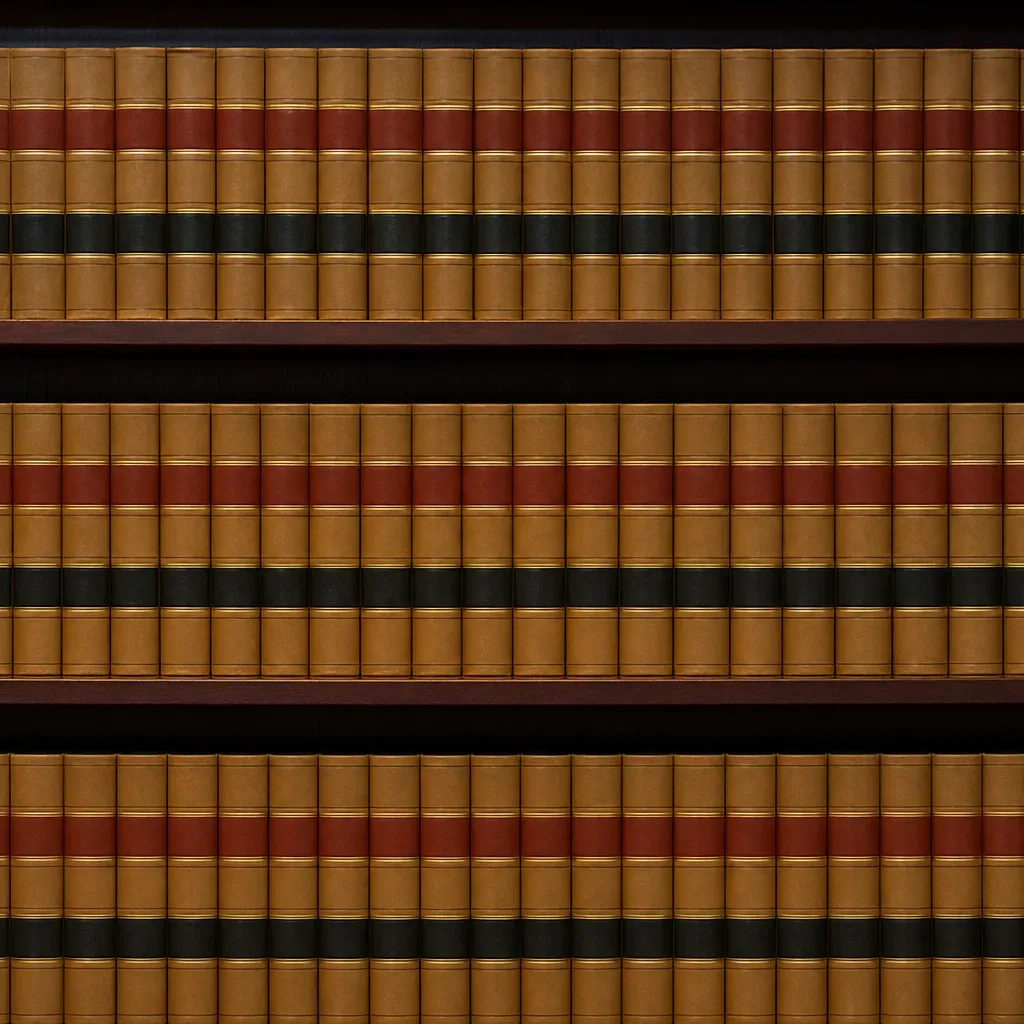 Shelves of matching bound law volumes standing upright in a row