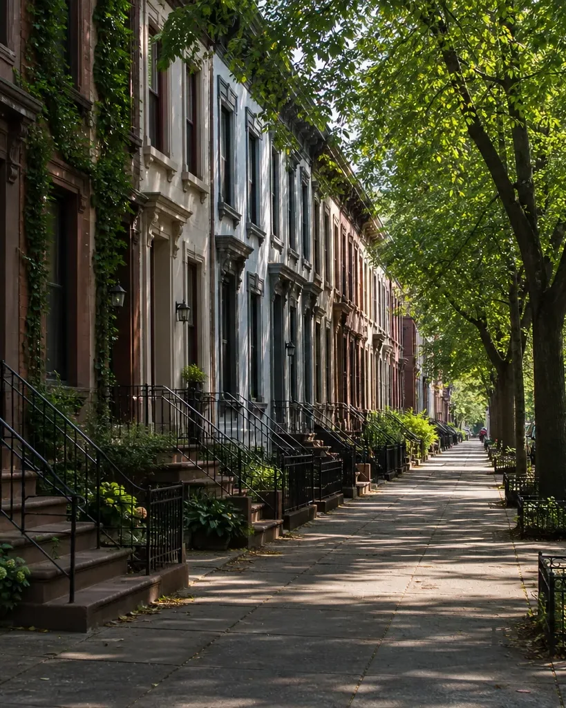 A tree-lined Brooklyn-style residential block of attached row houses receding into soft midday light