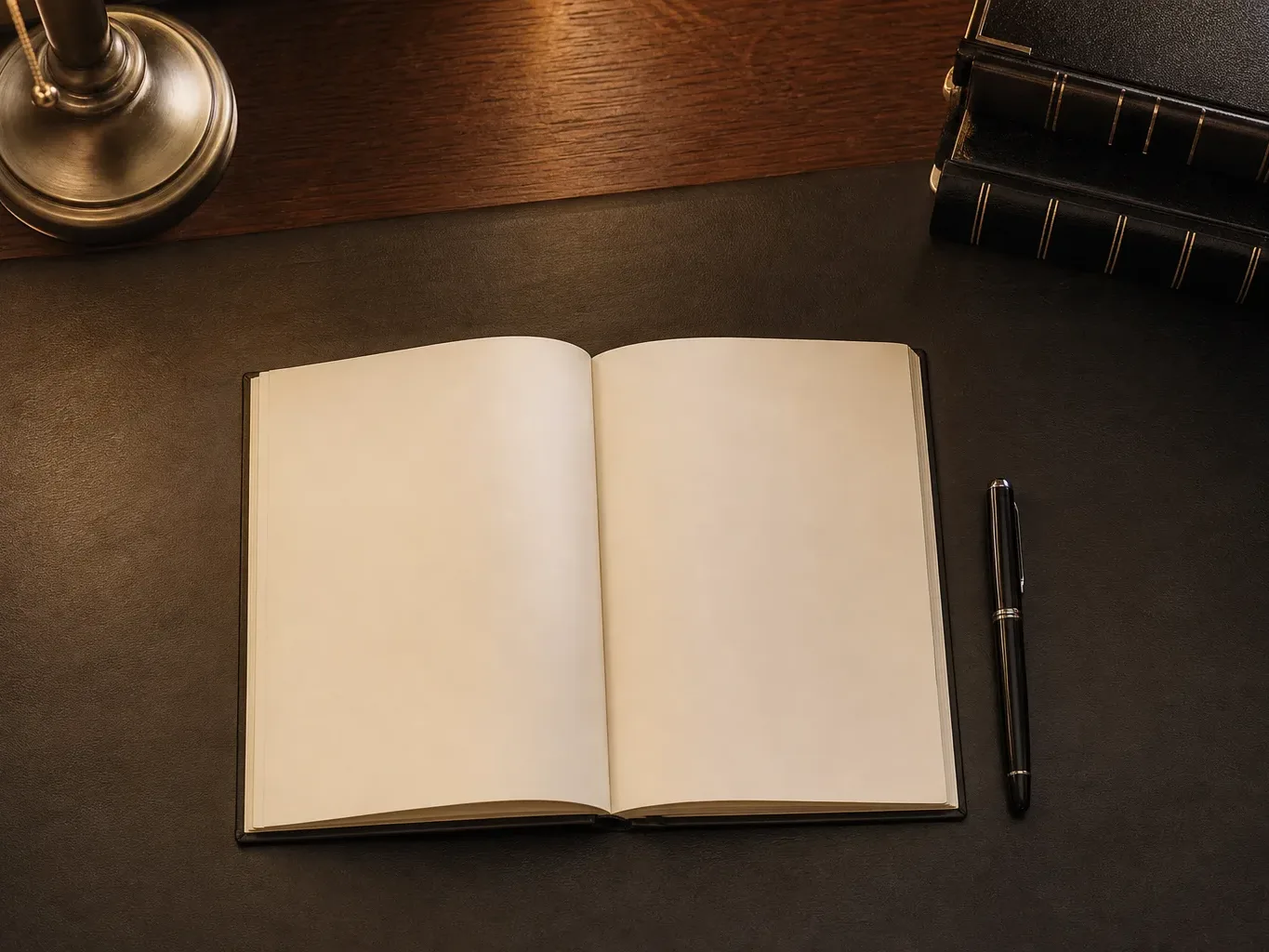 A plain hardcover notebook lying open beside a pen on a desk