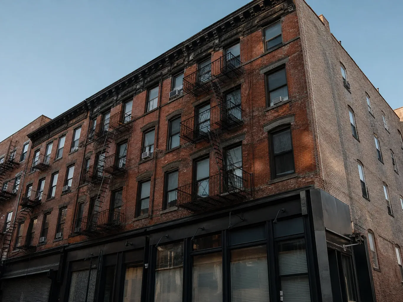 A four-storey mixed-use brick building with ground-floor retail bays and upper residential windows