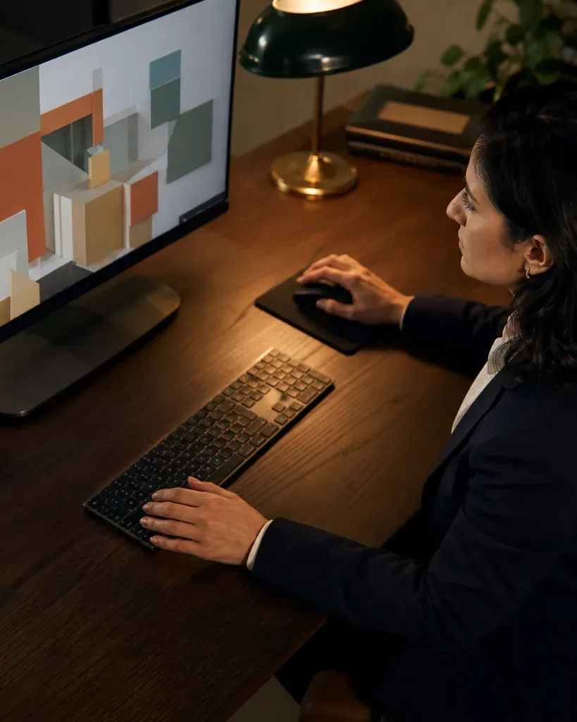 A wide desktop monitor displaying abstract geometric shapes in muted tones