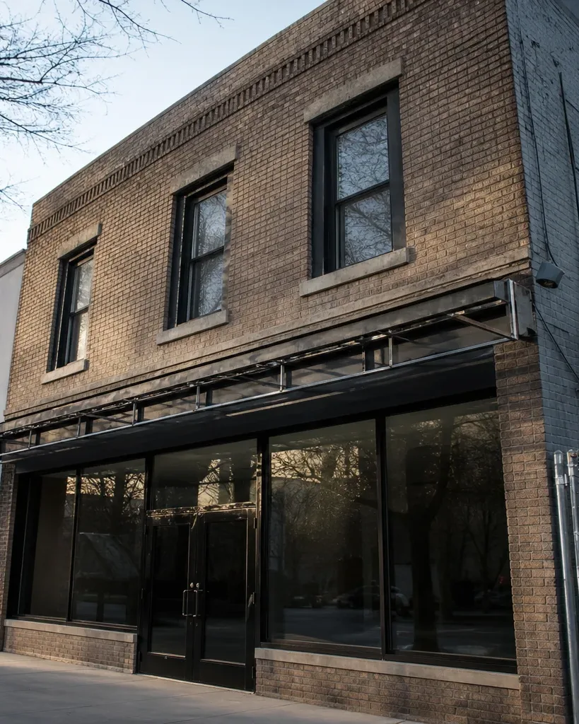 A low-rise brick commercial storefront on a Brooklyn mixed-use street