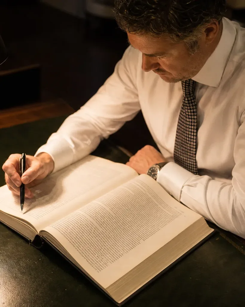 A large hardcover reference ledger lying flat on a desk corner