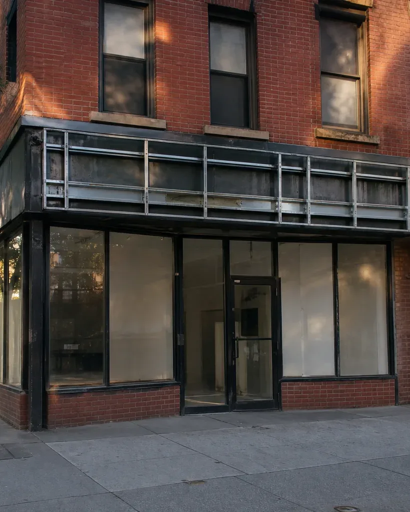 A low-rise brick commercial storefront on a Brooklyn mixed-use street