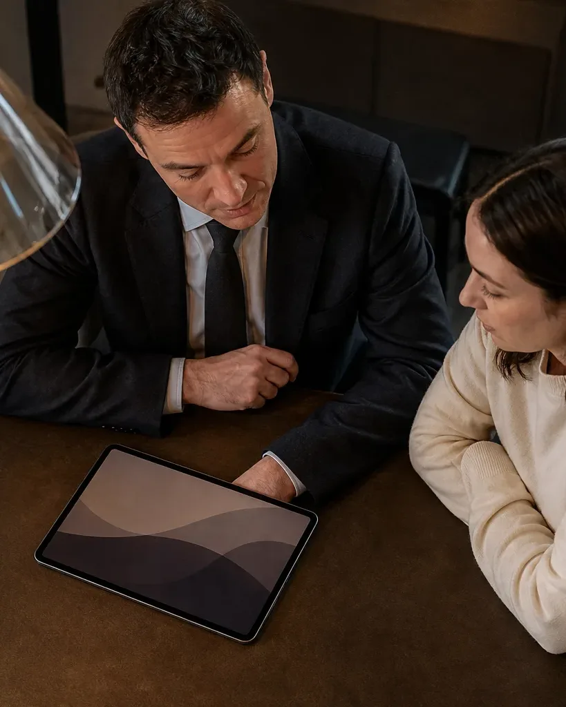 A tablet lying flat on a meeting table