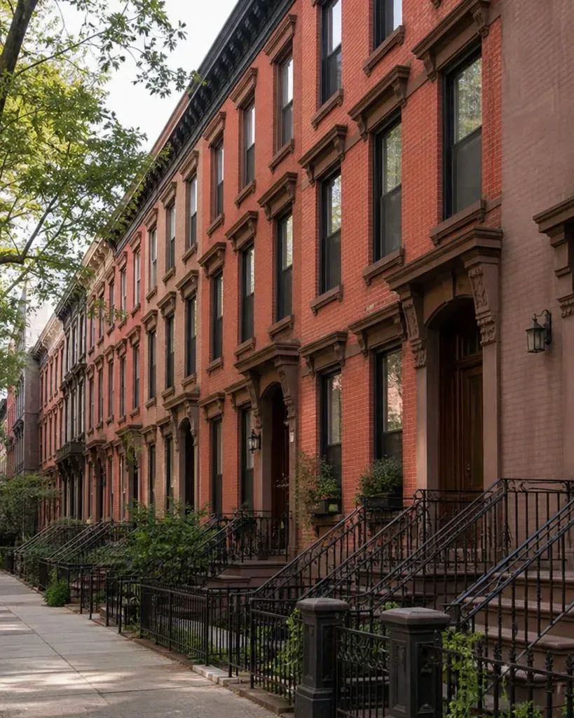A tree-lined Brooklyn-style residential block of attached row houses receding into soft midday light