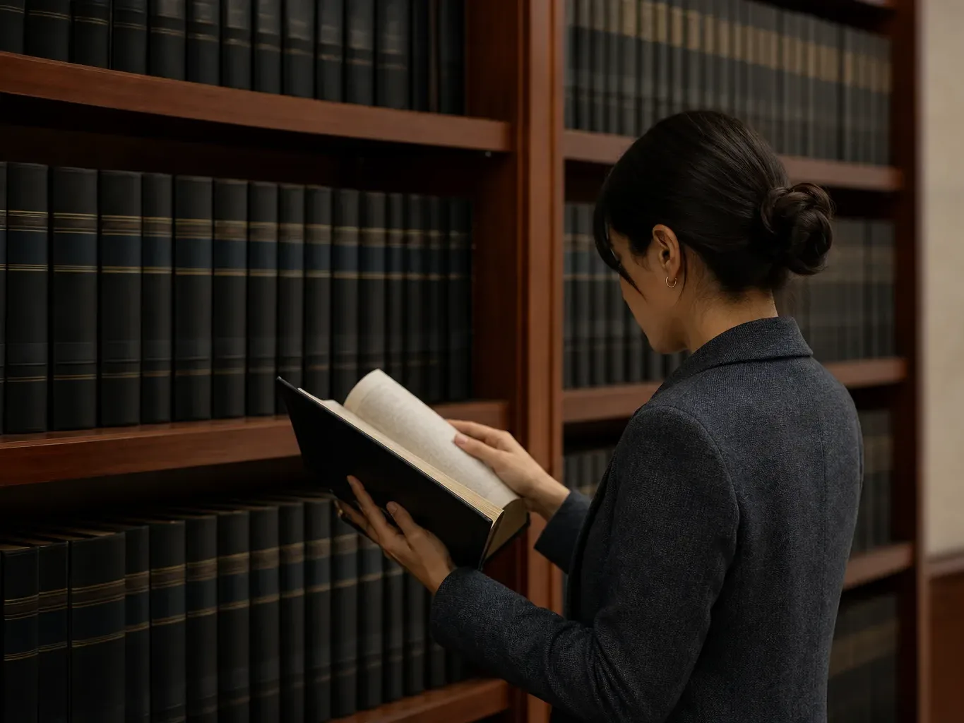 Shelves of matching bound law volumes standing upright in a row