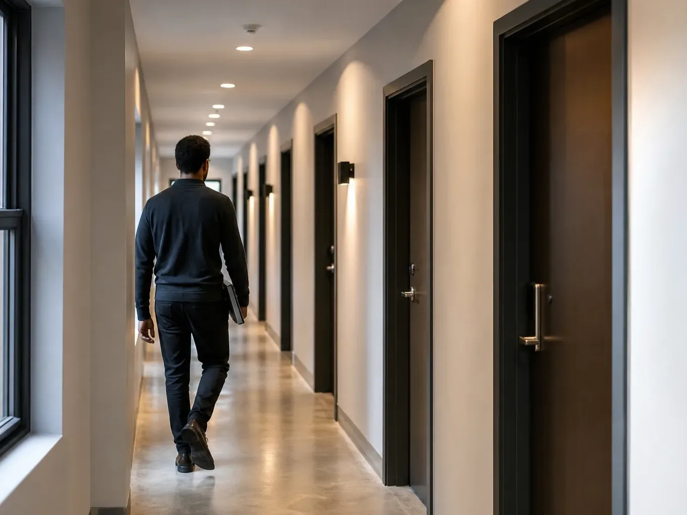 A modern condominium hallway with uniform doors stretching under recessed overhead lighting