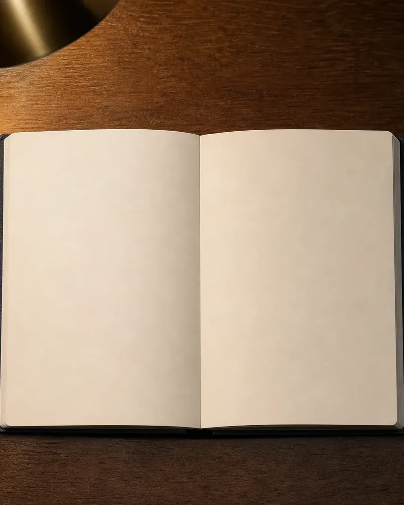 A plain hardcover notebook lying open beside a pen on a desk