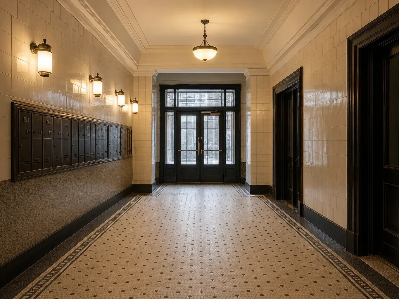 A tiled entry vestibule of a prewar apartment building