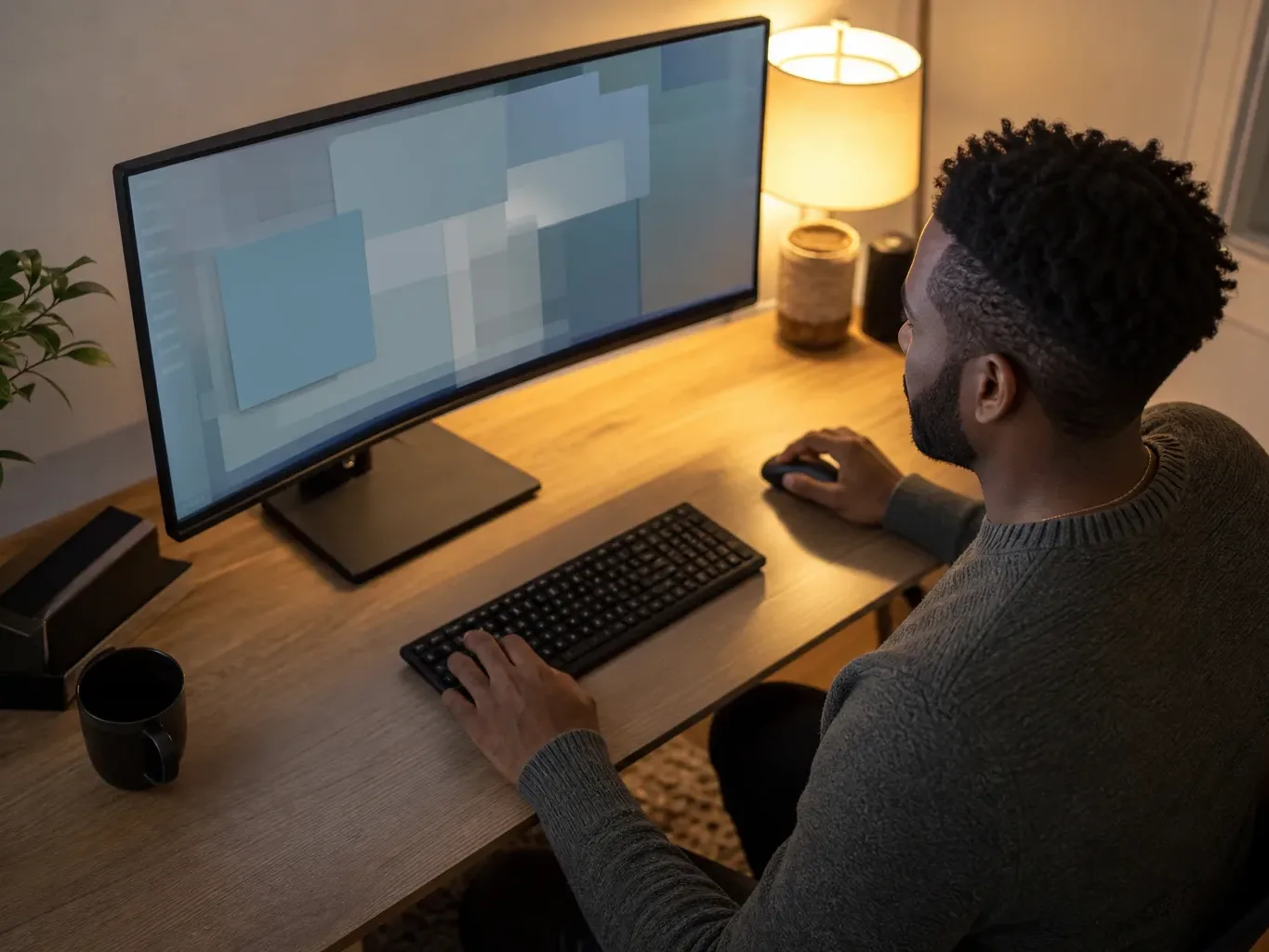 A wide desktop monitor displaying abstract geometric shapes in muted tones