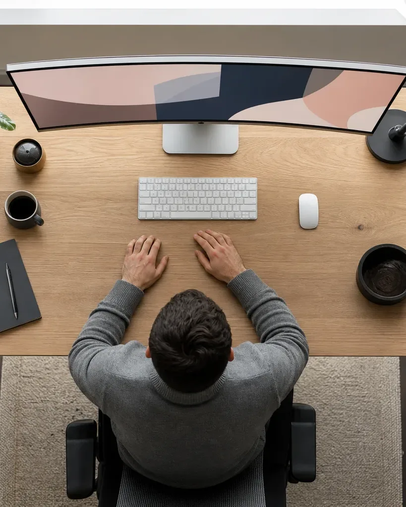 A wide desktop monitor displaying abstract geometric shapes in muted tones