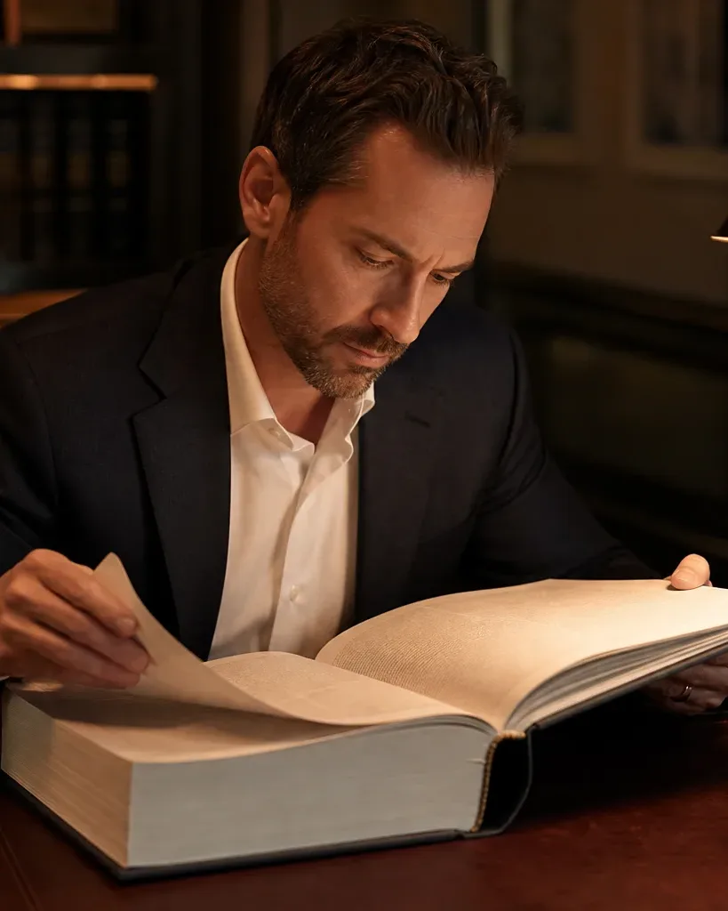 A large hardcover reference ledger lying flat on a desk corner
