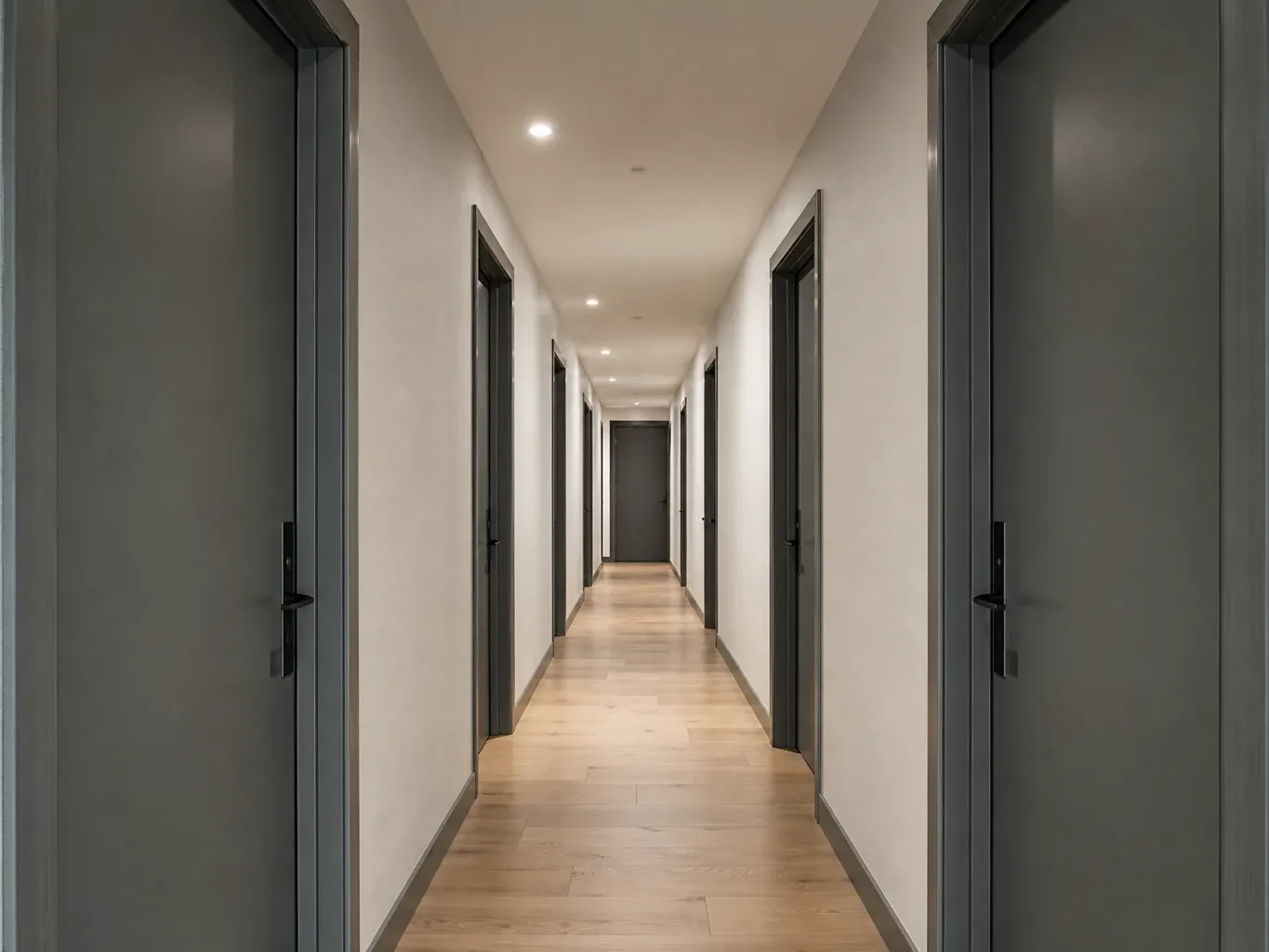 A modern condominium hallway with uniform doors on both sides under recessed overhead lighting
