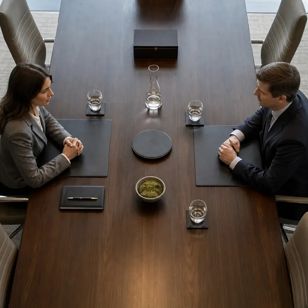 A polished rectangular conference table set for a two-party meeting
