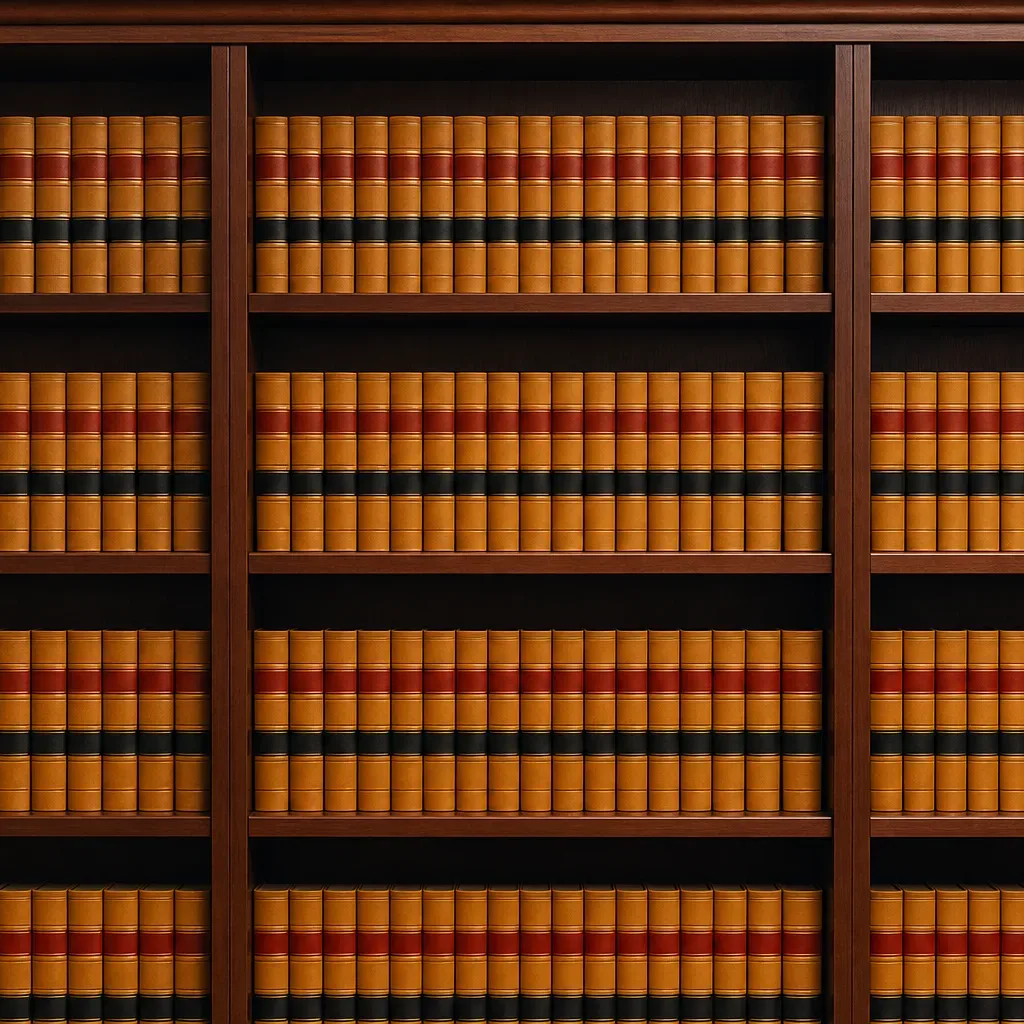 Shelves of matching bound law reports standing upright in a row