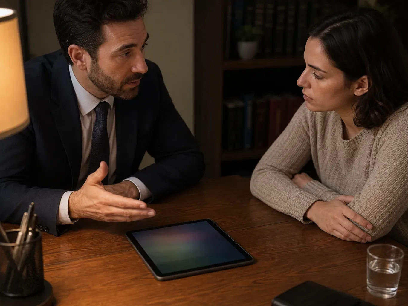 A tablet lying flat on a meeting table