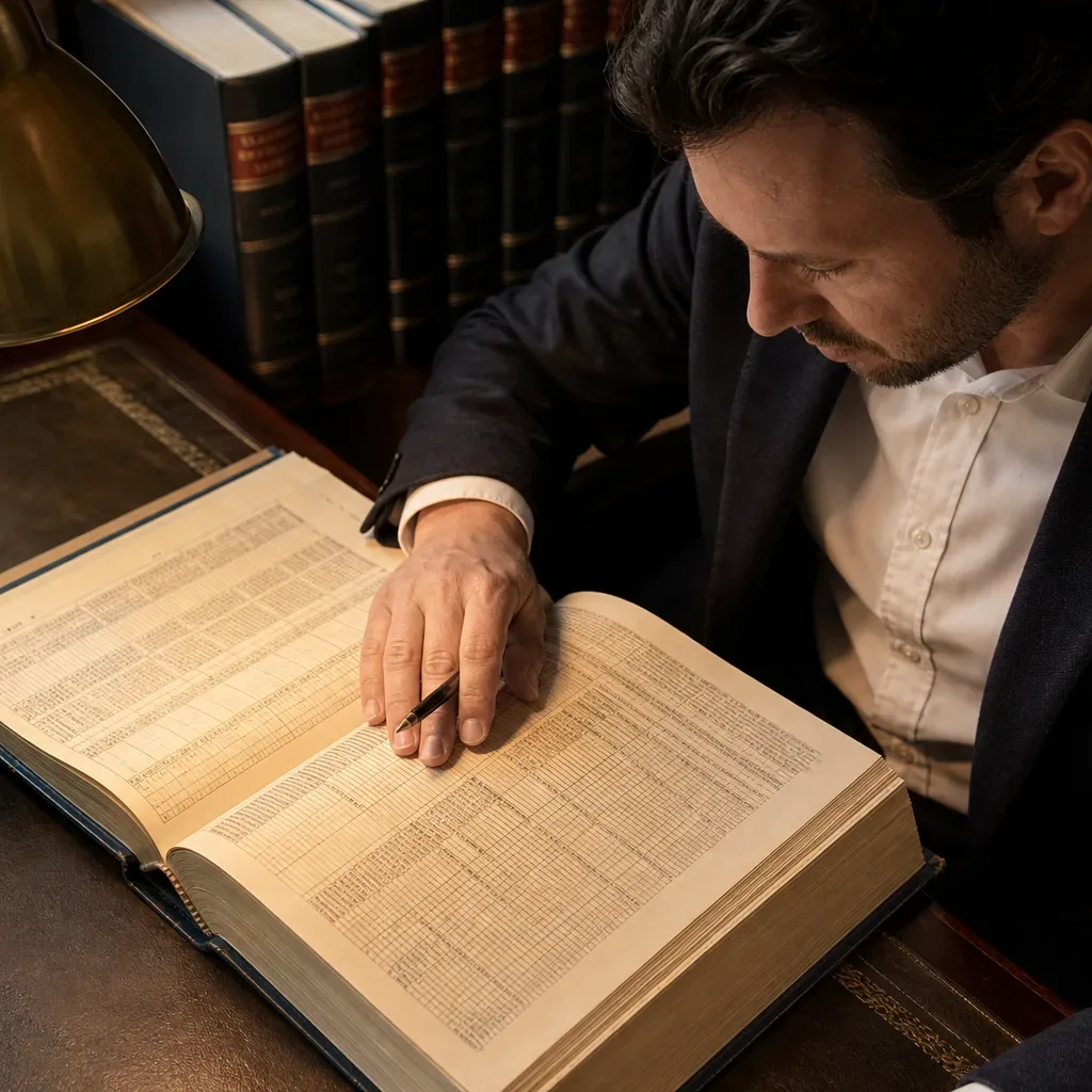 A large hardcover reference ledger lying flat on a desk corner