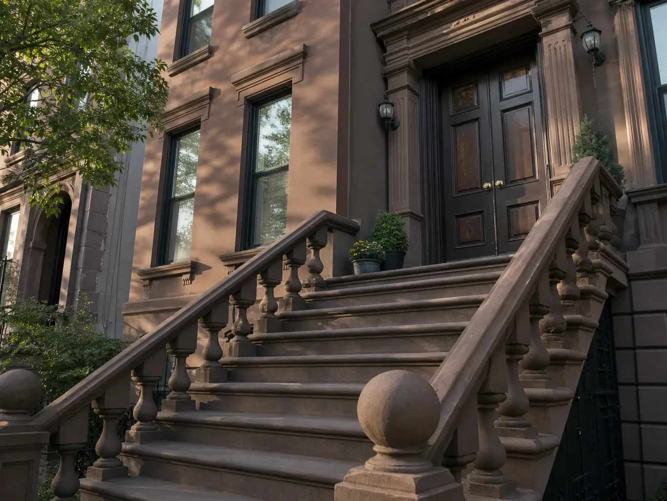 A brownstone facade on a Brooklyn residential block