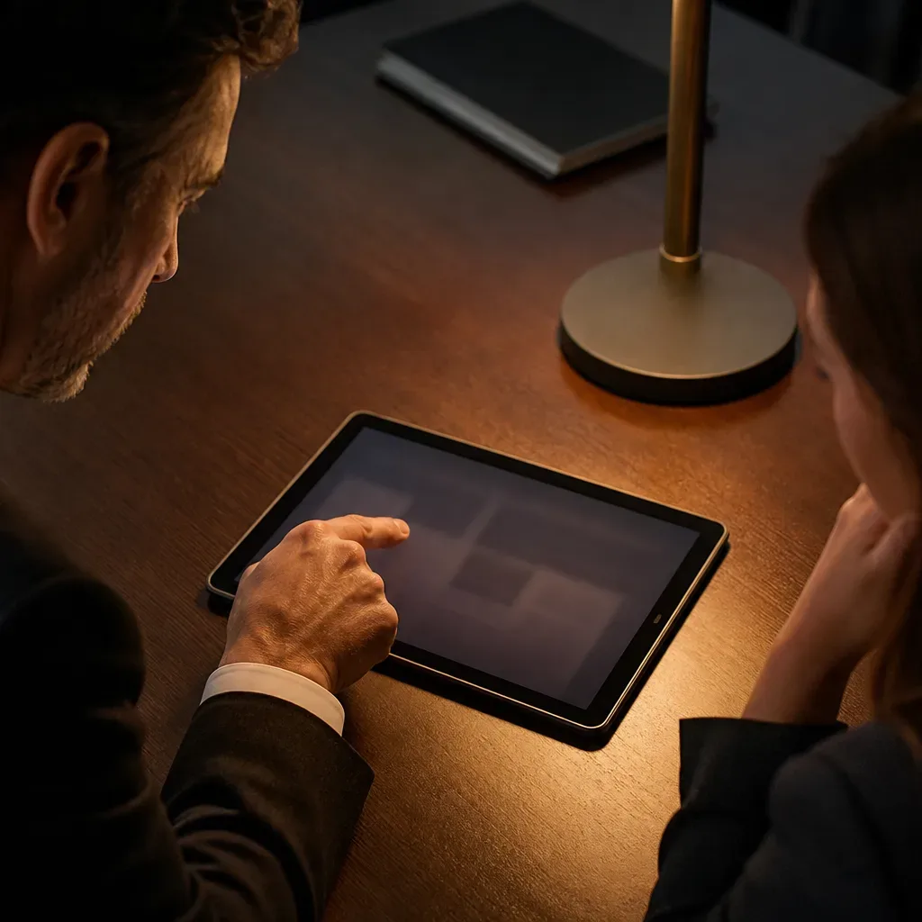 A tablet lying flat on a meeting table