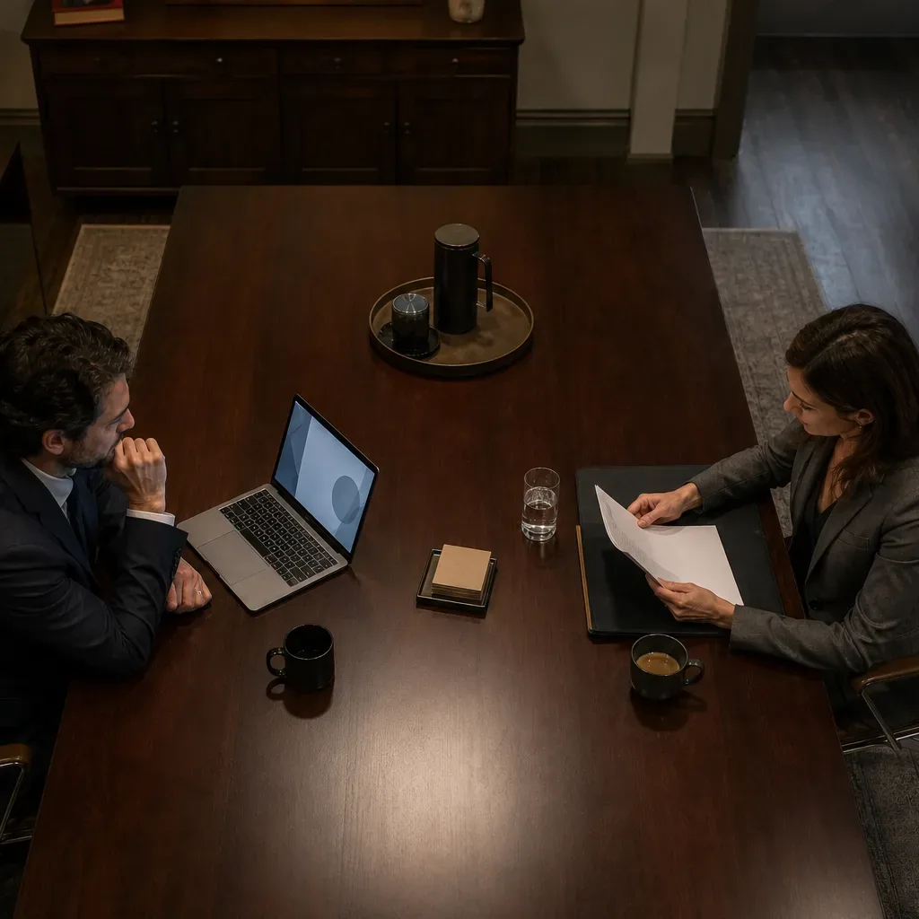 A polished rectangular conference table set for a two-party meeting
