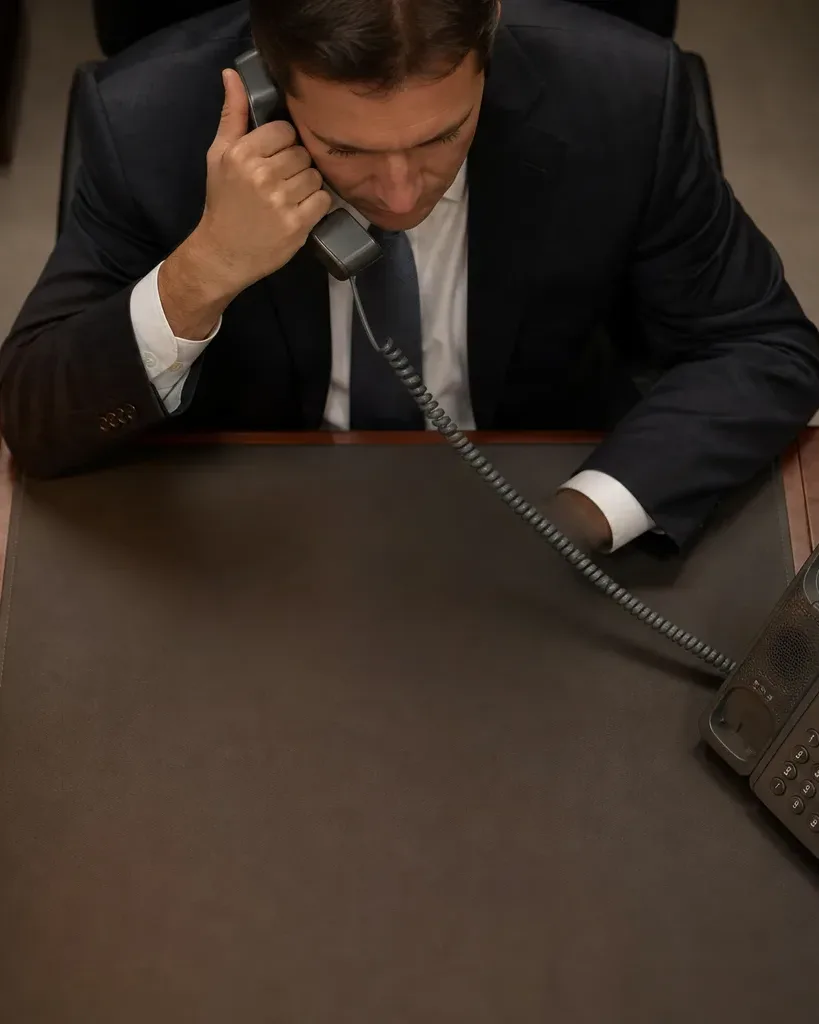 A desk phone with handset lifted slightly off its cradle