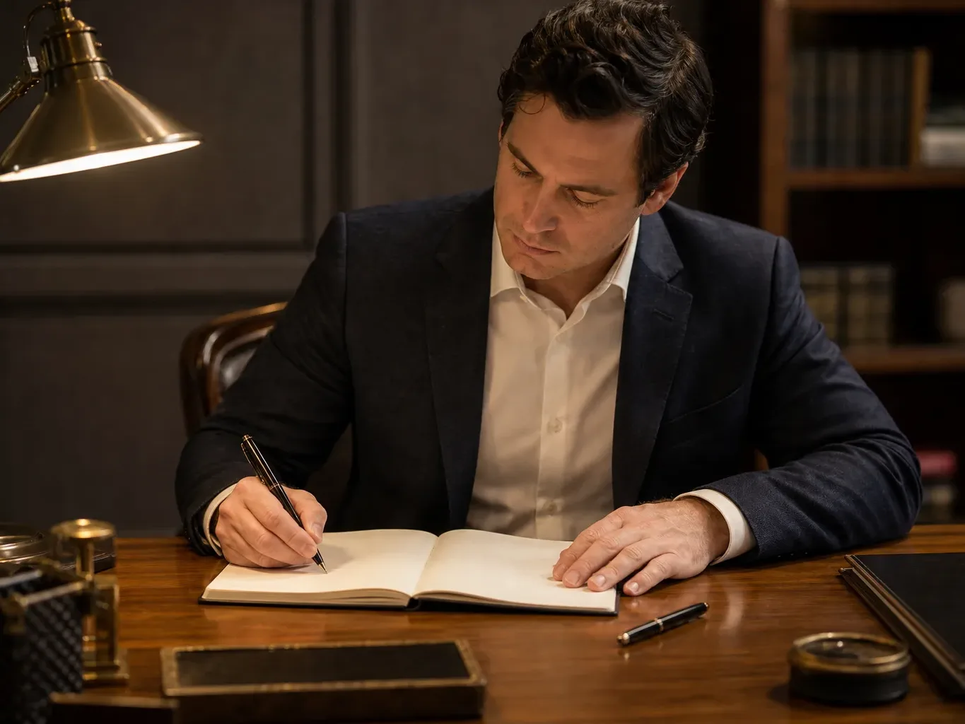 A plain hardcover notebook lying open beside a pen on a desk