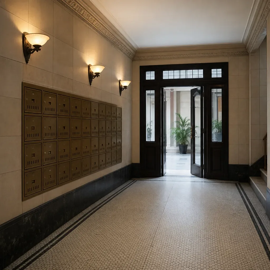 A tiled entry vestibule of a prewar co-op building