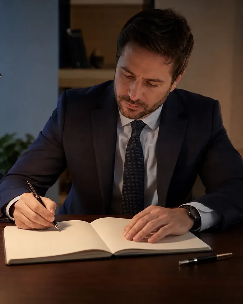 A plain hardcover notebook lying open beside a pen on a desk