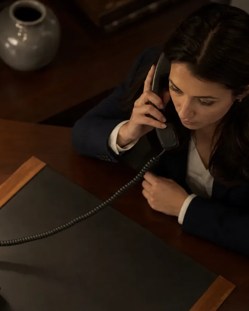 A desk phone with handset lifted slightly off its cradle