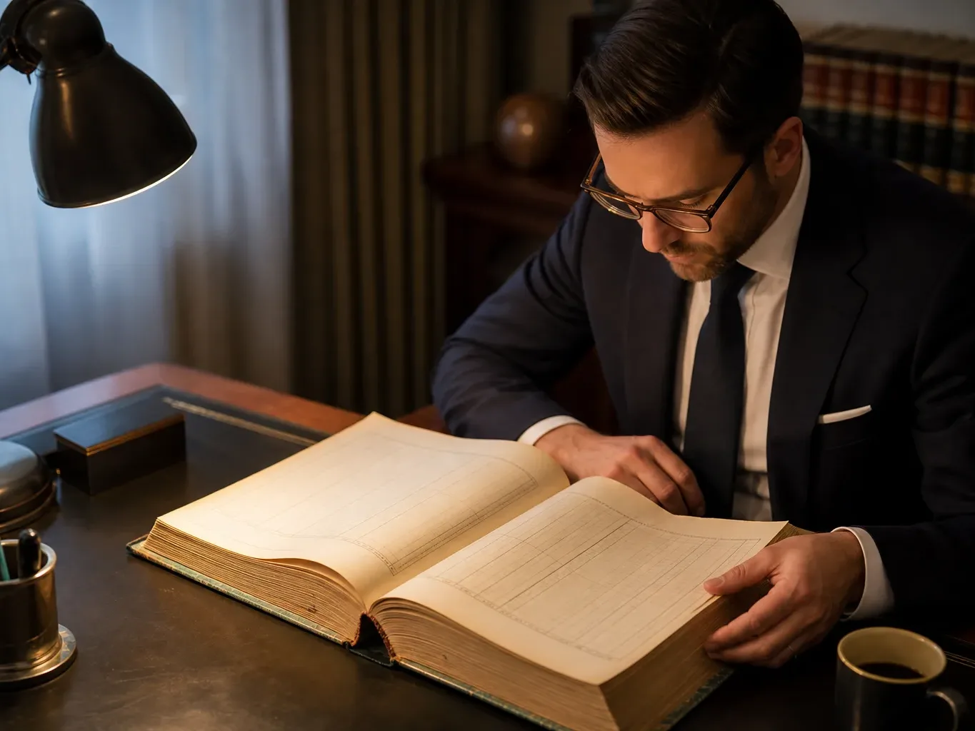 A large hardcover reference ledger lying flat on a desk corner