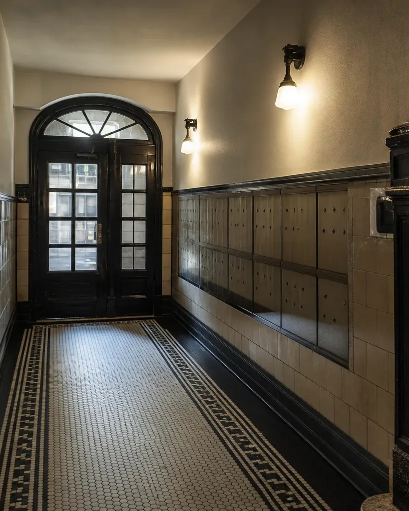 A tiled entry vestibule of a prewar apartment building