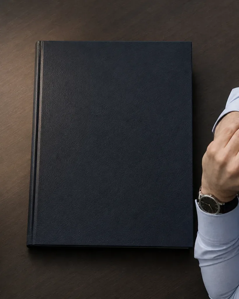 A large hardcover reference ledger lying flat on a desk corner