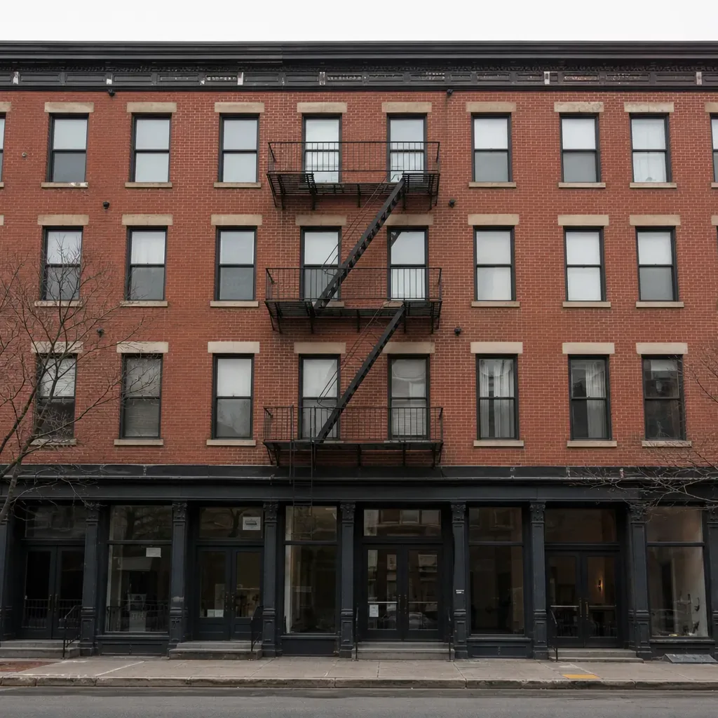 A four-storey mixed-use brick building with ground-floor retail bays and upper residential windows