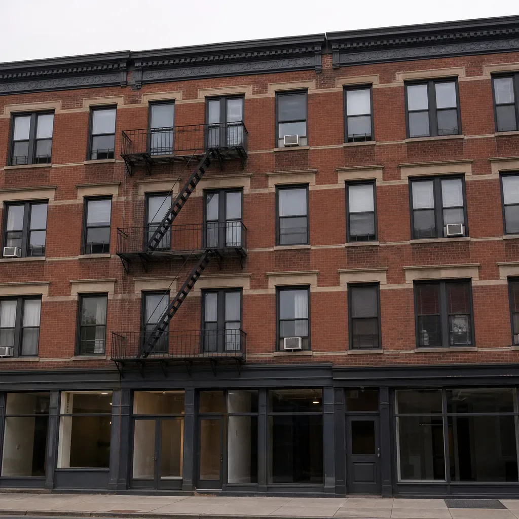 A four-storey mixed-use brick building with ground-floor retail bays and upper residential windows