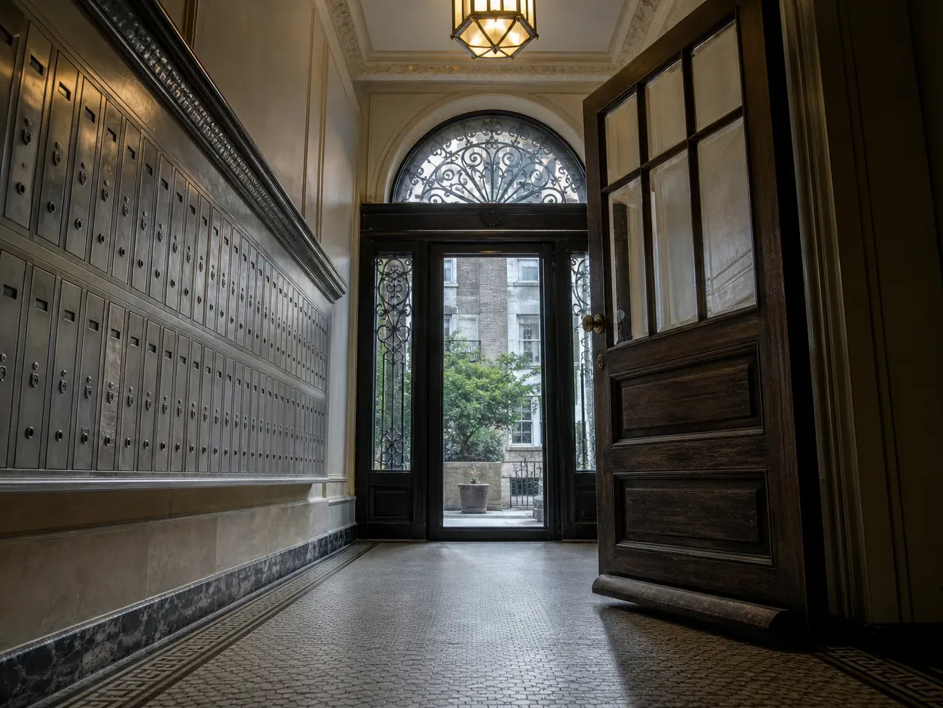 A tiled entry vestibule of a prewar co-op building