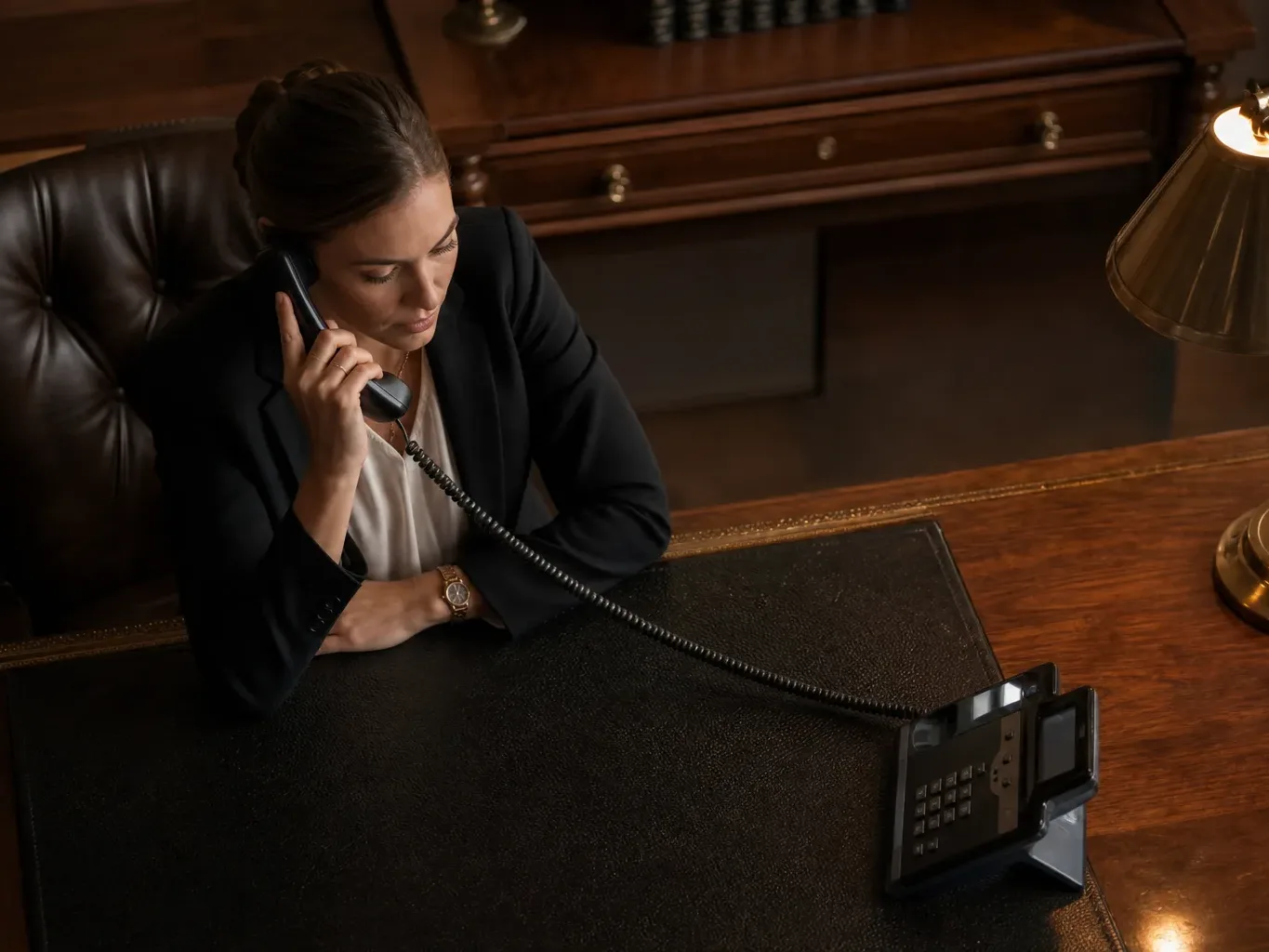 A desk phone with handset lifted slightly off its cradle
