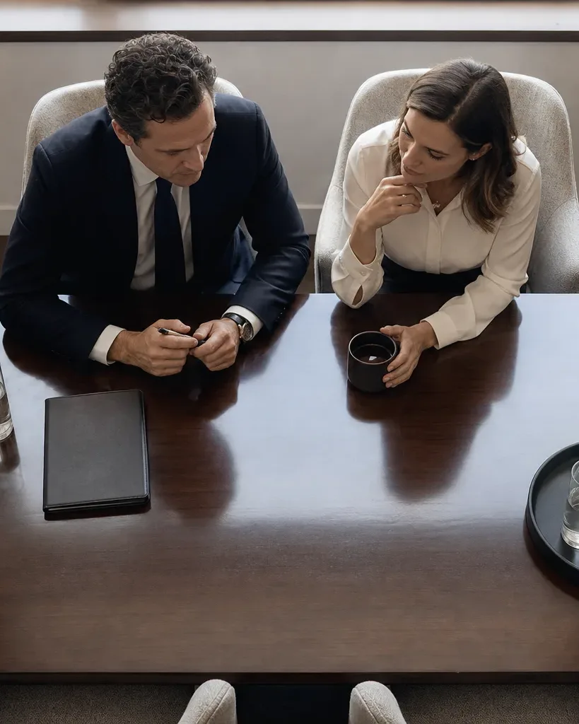 A polished rectangular conference table set for a two-party meeting