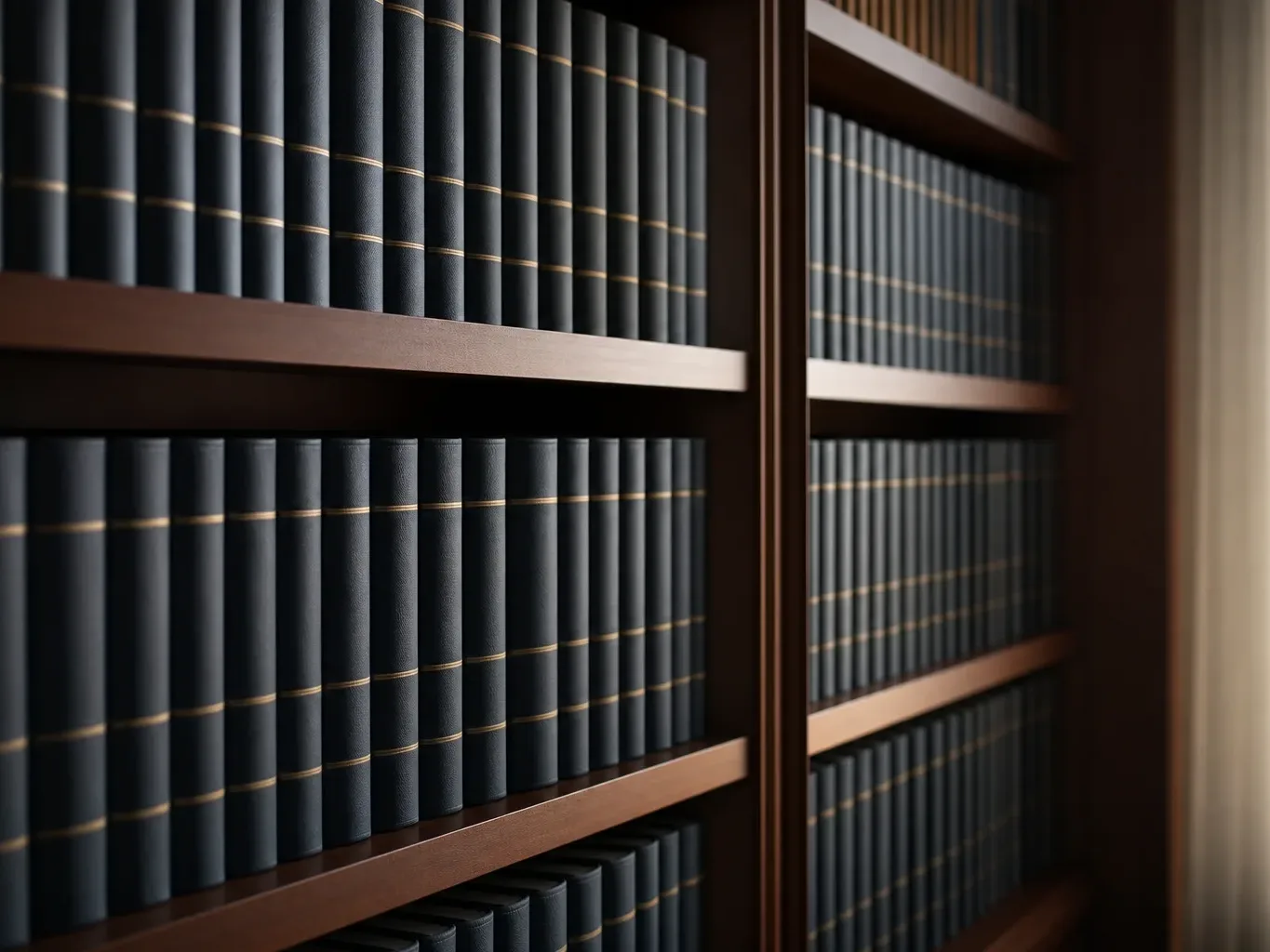 Shelves of matching bound law volumes standing upright in a row