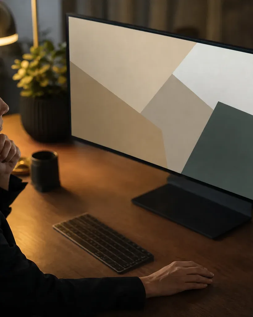 A wide desktop monitor displaying abstract geometric shapes in muted tones