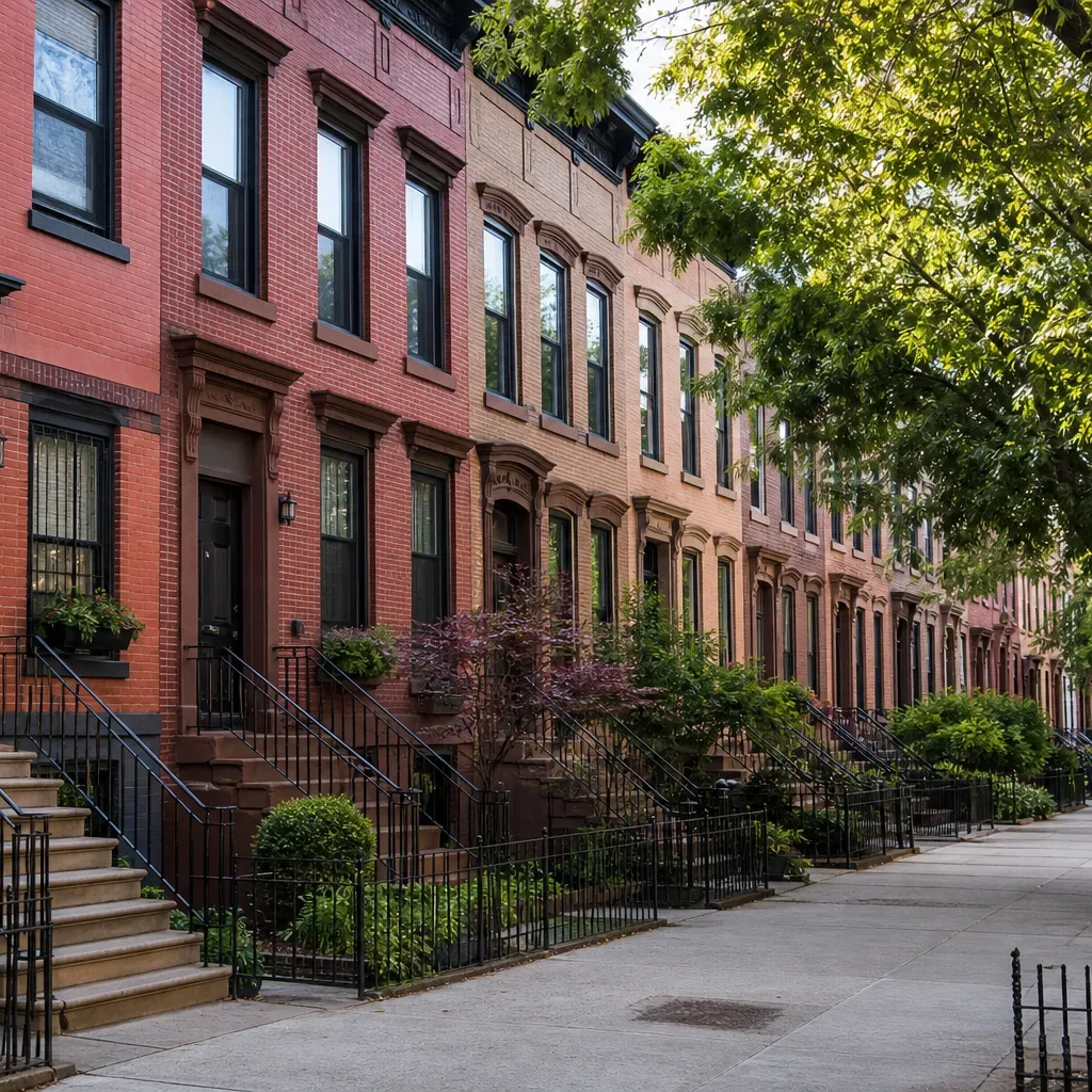 A tree-lined Brooklyn-style residential block of attached row houses receding into soft midday light