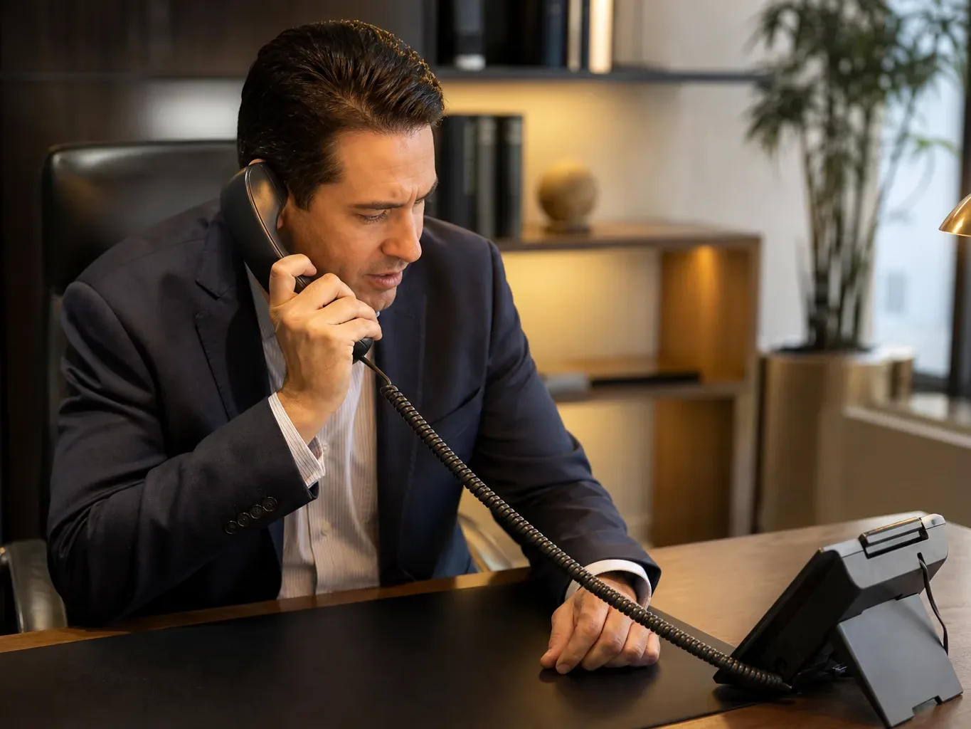 A desk phone with handset lifted slightly off its cradle