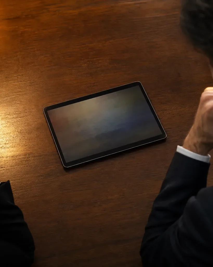 A tablet lying flat on a meeting table