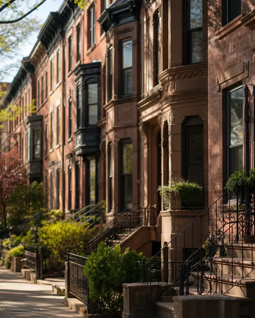 A tree-lined Brooklyn-style residential block of attached row houses receding into soft midday light